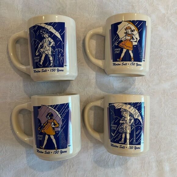 Morton Salt Girl Coffee Mugs 150 Years Commemorative Mugs Set of 4 - Picture 1 of 7